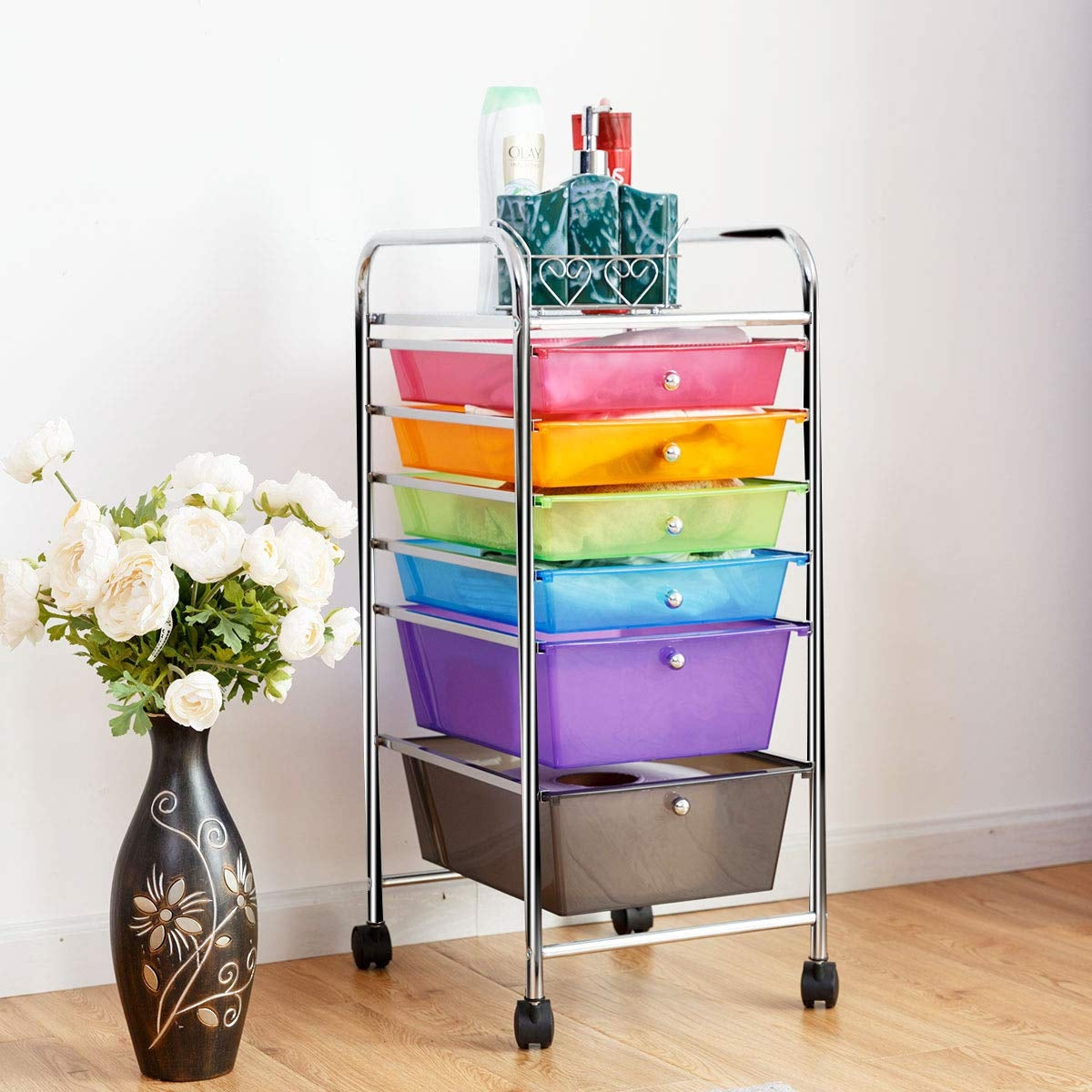 Carrito con Ruedas Baño Carro Auxiliar Almacenamiento con 6 Cajones Apilables Extraíbles para Cocina Oficina 34 x 43,5 x 76 cm Multicolor