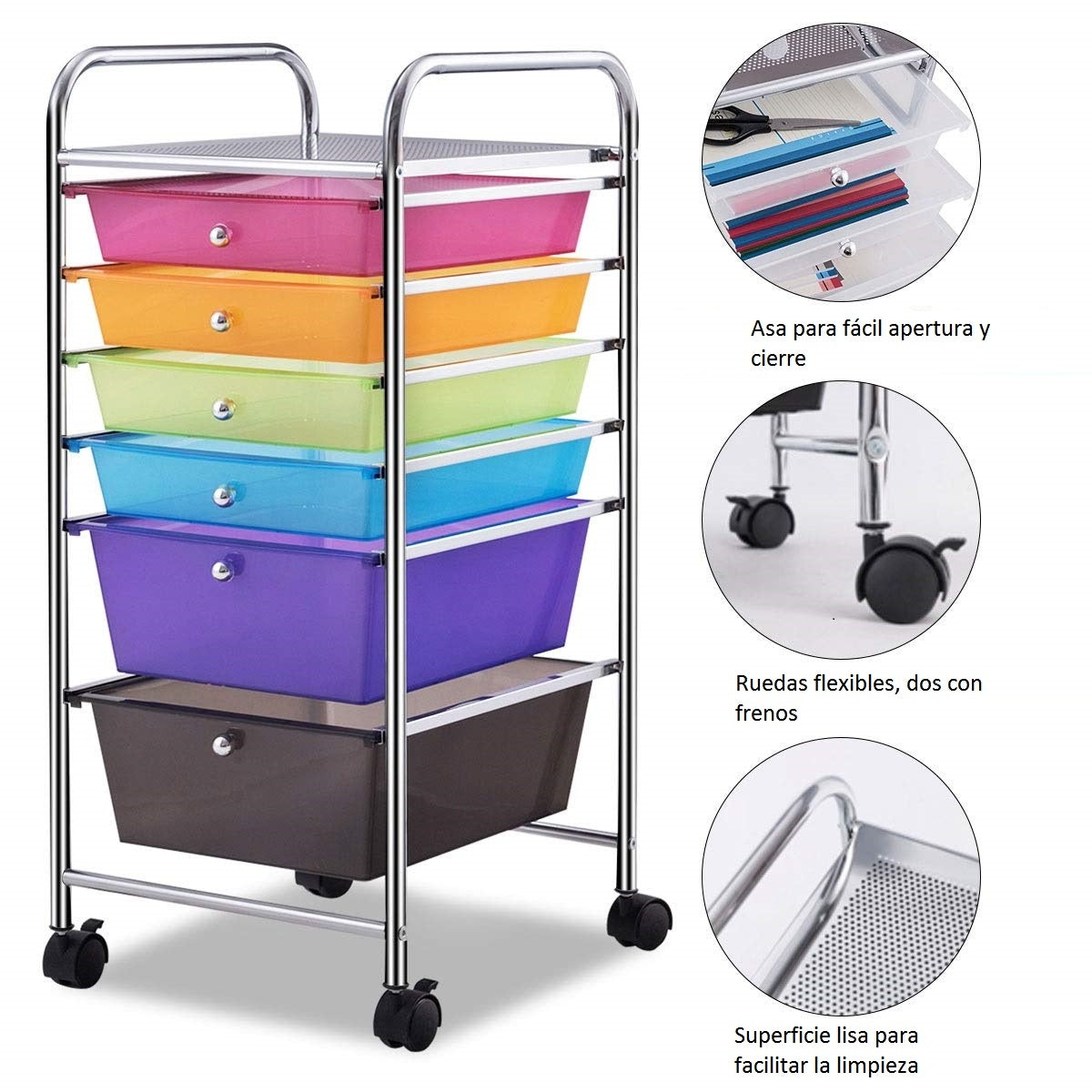 Carrito con Ruedas Baño Carro Auxiliar Almacenamiento con 6 Cajones Apilables Extraíbles para Cocina Oficina 34 x 43,5 x 76 cm Multicolor