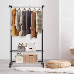 Perchero de Burro con Ruedas y 2 Estantes para Ropa Zapatos Perchero Altura Ajustable para Dormitorio Balcón 168 x 84 x 42 cm