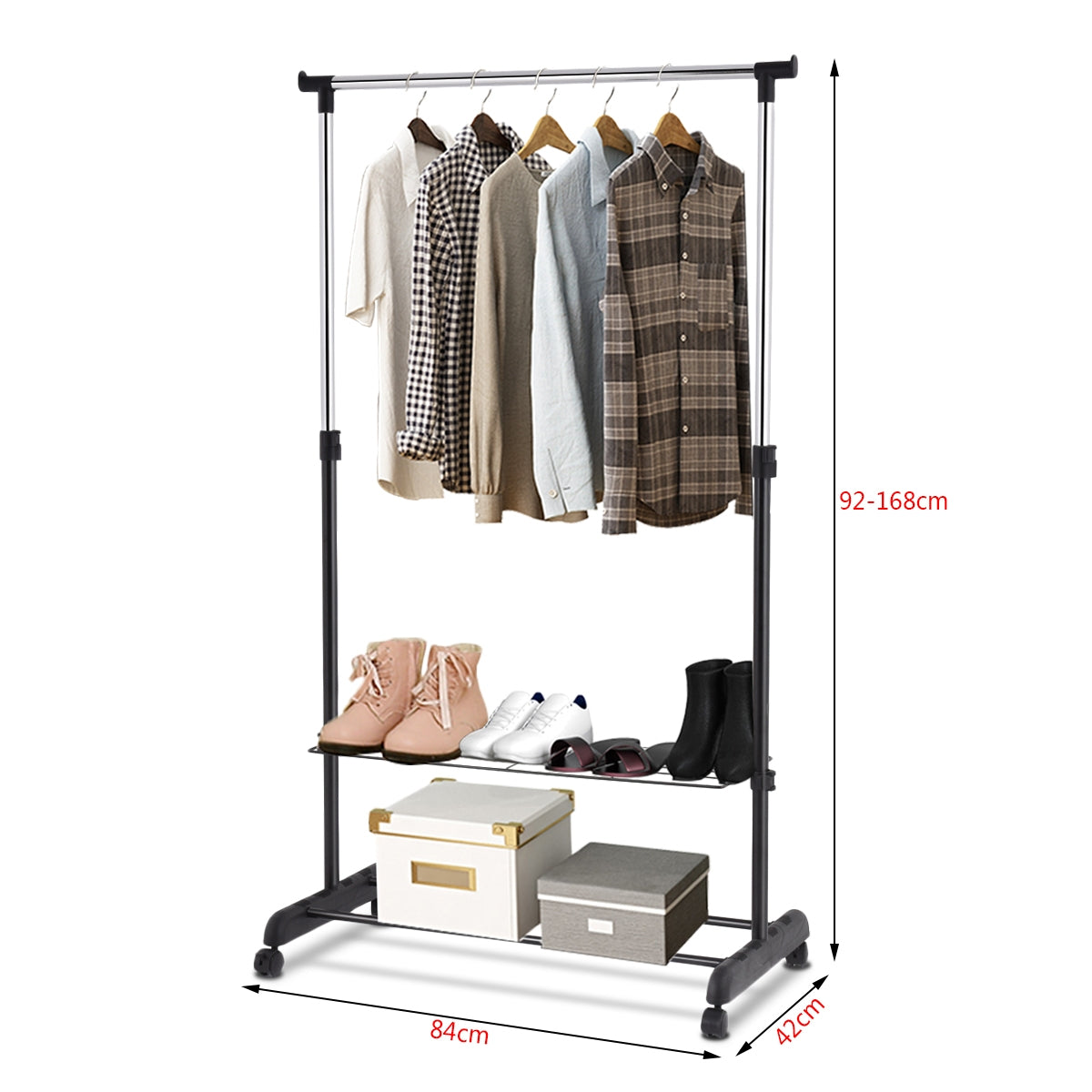 Perchero de Burro con Ruedas y 2 Estantes para Ropa Zapatos Perchero Altura Ajustable para Dormitorio Balcón 168 x 84 x 42 cm
