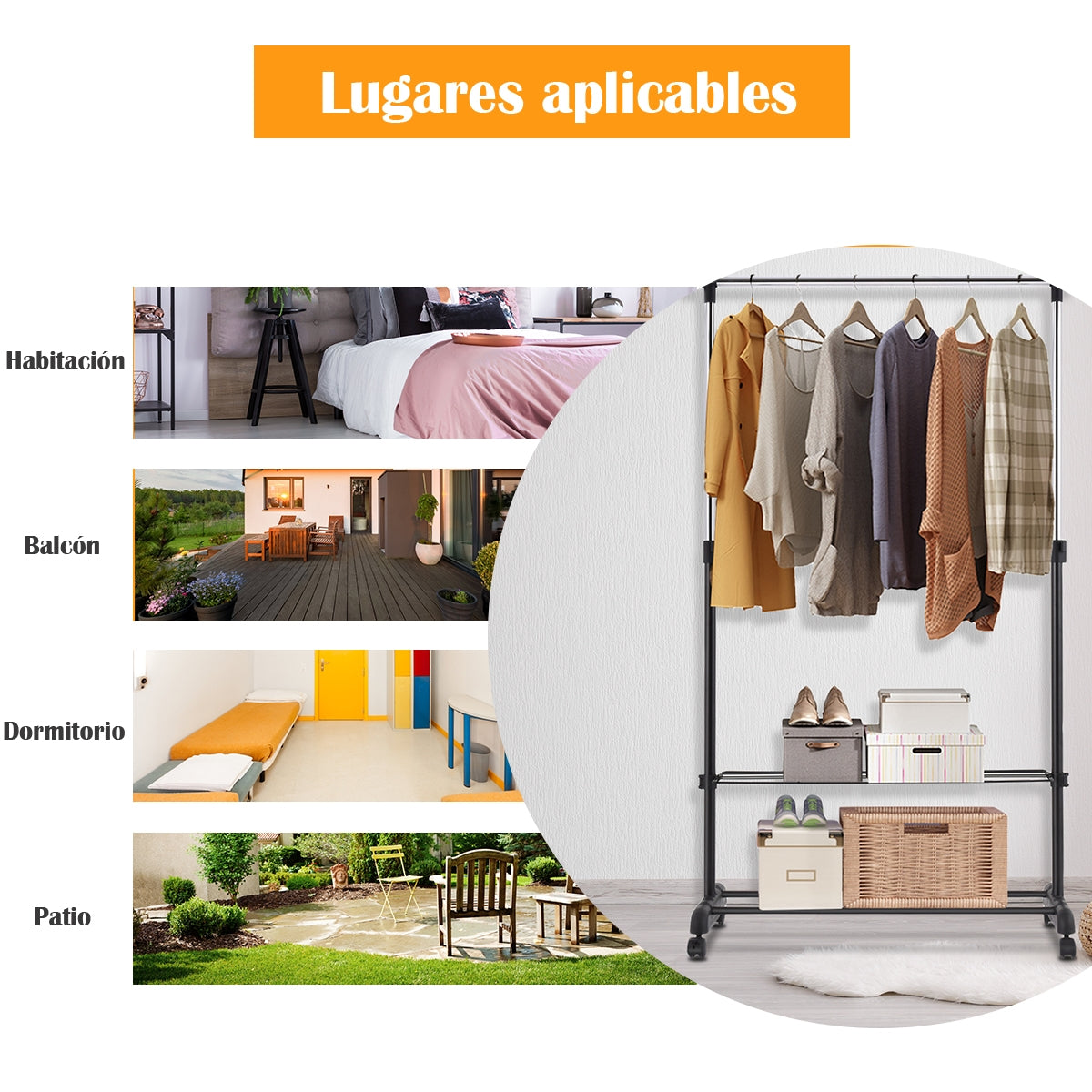 Perchero de Burro con Ruedas y 2 Estantes para Ropa Zapatos Perchero Altura Ajustable para Dormitorio Balcón 168 x 84 x 42 cm