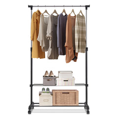 Perchero de Burro con Ruedas y 2 Estantes para Ropa Zapatos Perchero Altura Ajustable para Dormitorio Balcón 168 x 84 x 42 cm