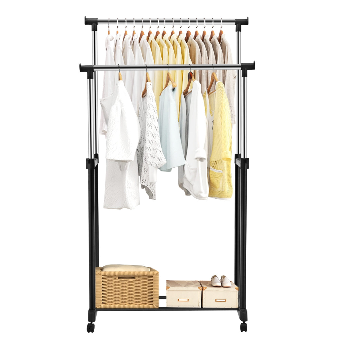 Perchero Burro con Rueda Estante Soporte Doble Riel Ropa Zapatero Organizador 86 x 43 x 94-168 cm