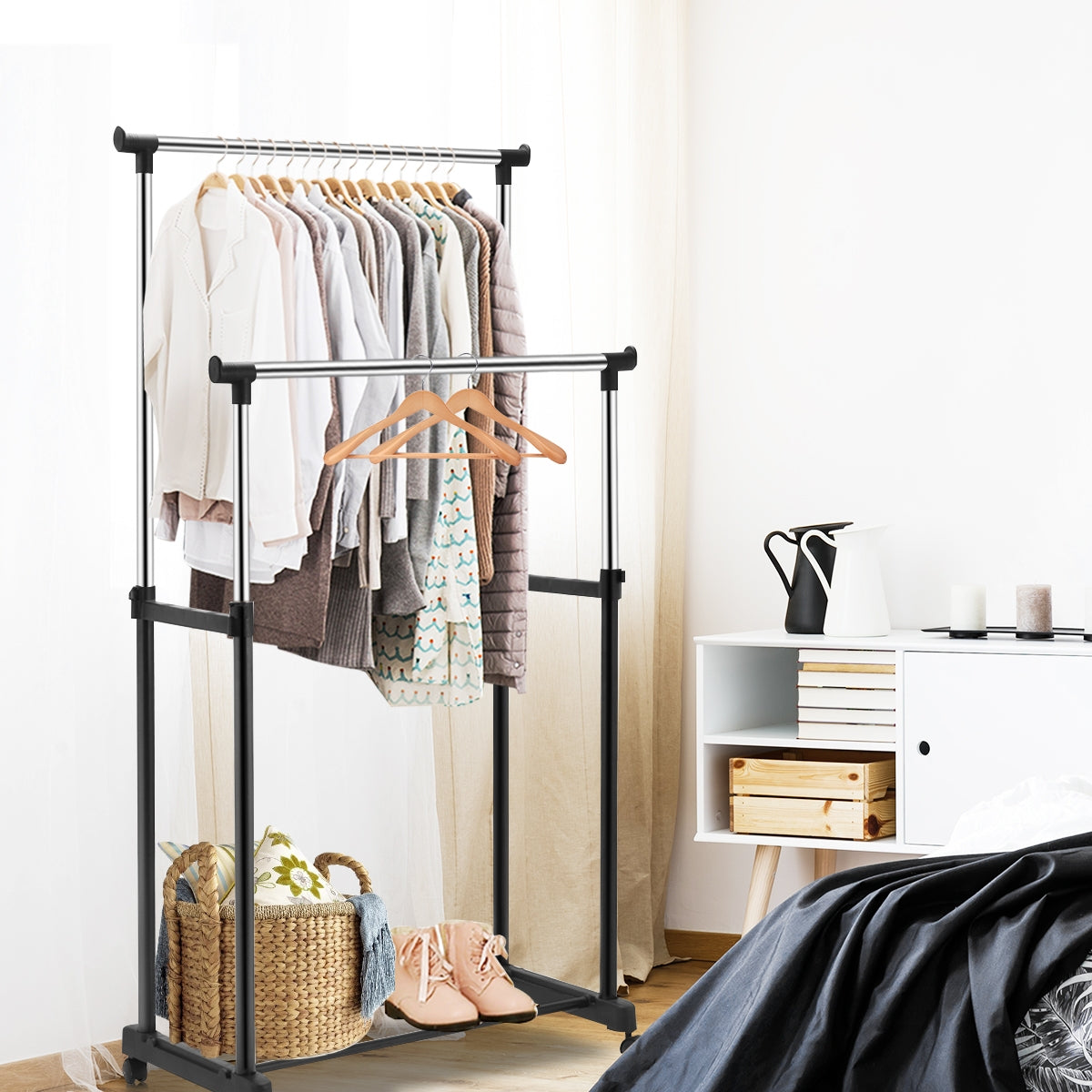 Perchero Burro con Rueda Estante Soporte Doble Riel Ropa Zapatero Organizador 86 x 43 x 94-168 cm