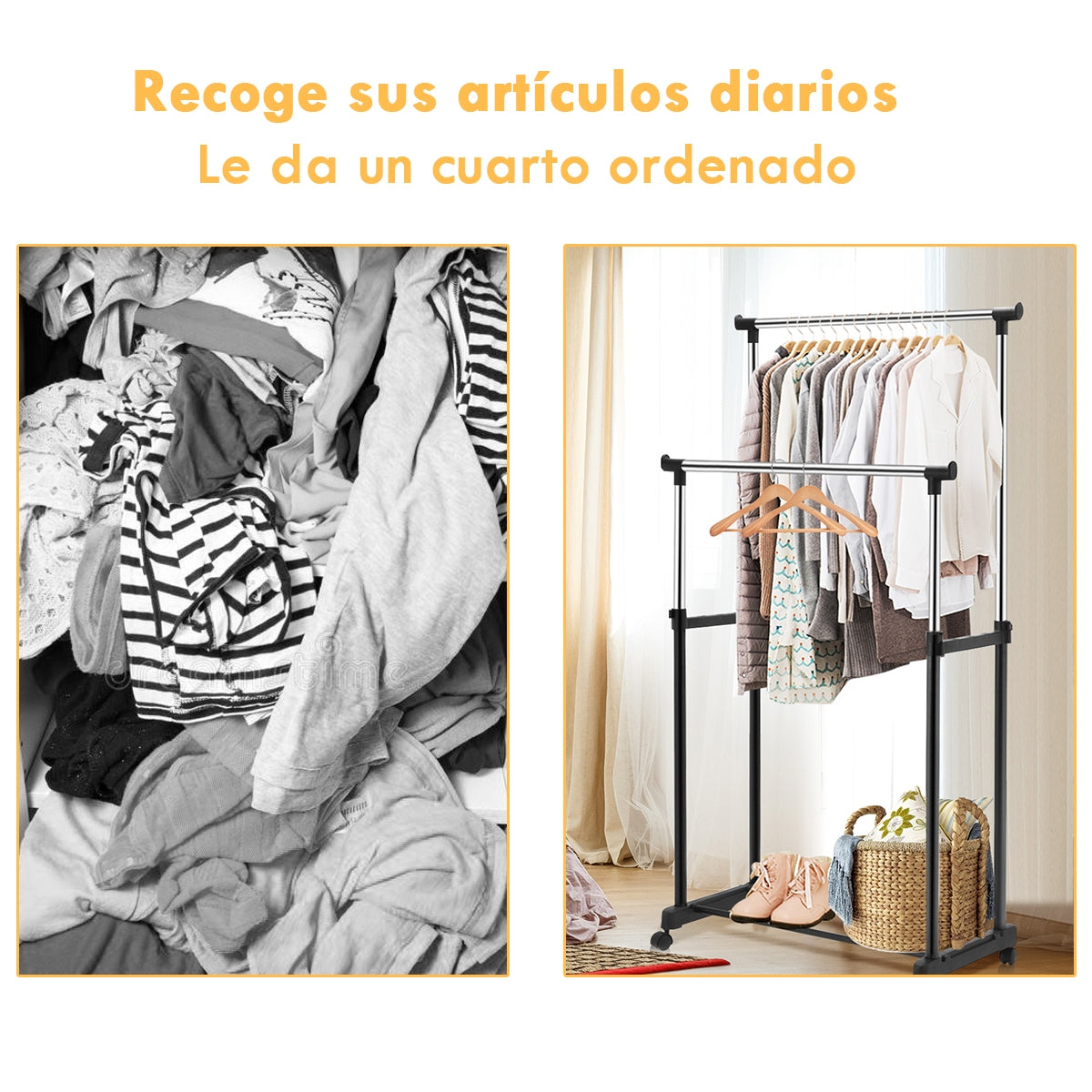 Perchero Burro con Rueda Estante Soporte Doble Riel Ropa Zapatero Organizador 86 x 43 x 94-168 cm
