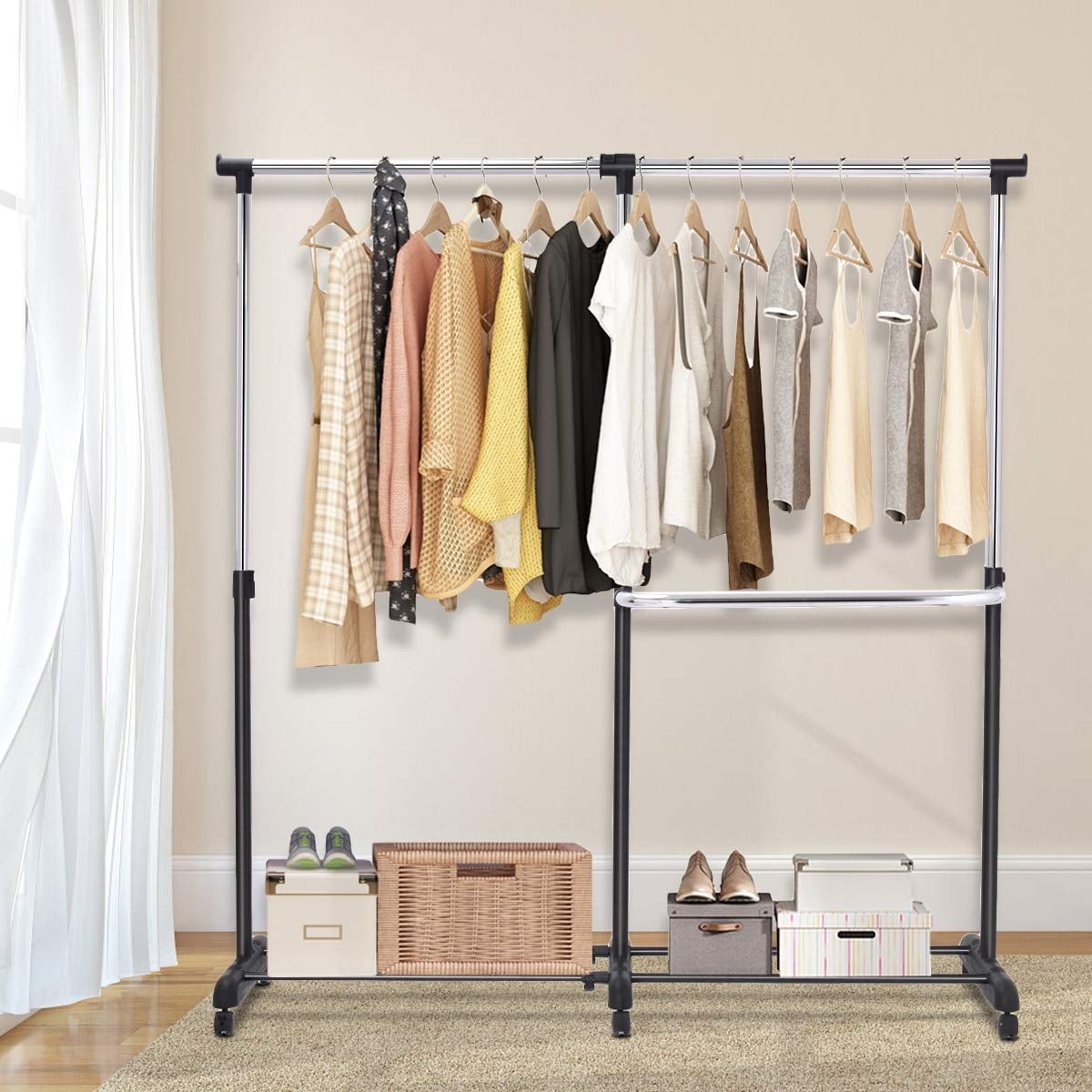 Perchero de Burro Extensible con Ruedas Telescópico Altura Ajustable para Ropa Zapatos 90 x 44 x 93,5 cm