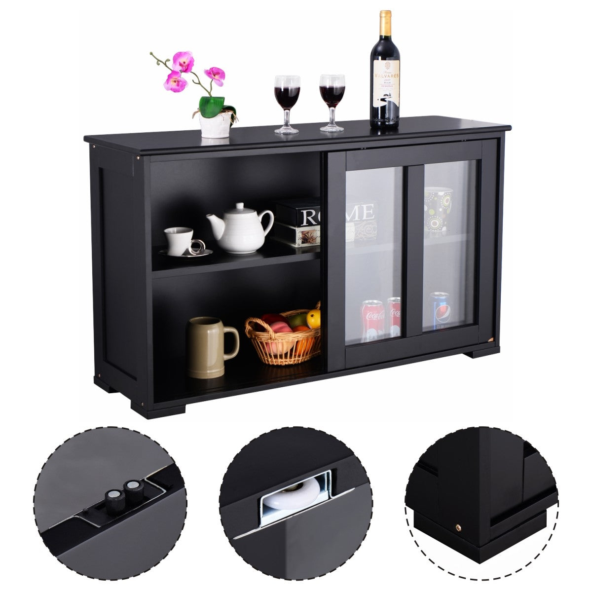 Aparador de Cocina Armario de Almacenamiento Gabinete Consola con 2 Estantes 2 Puertas 106 x 33 x 62,5 cm Negro