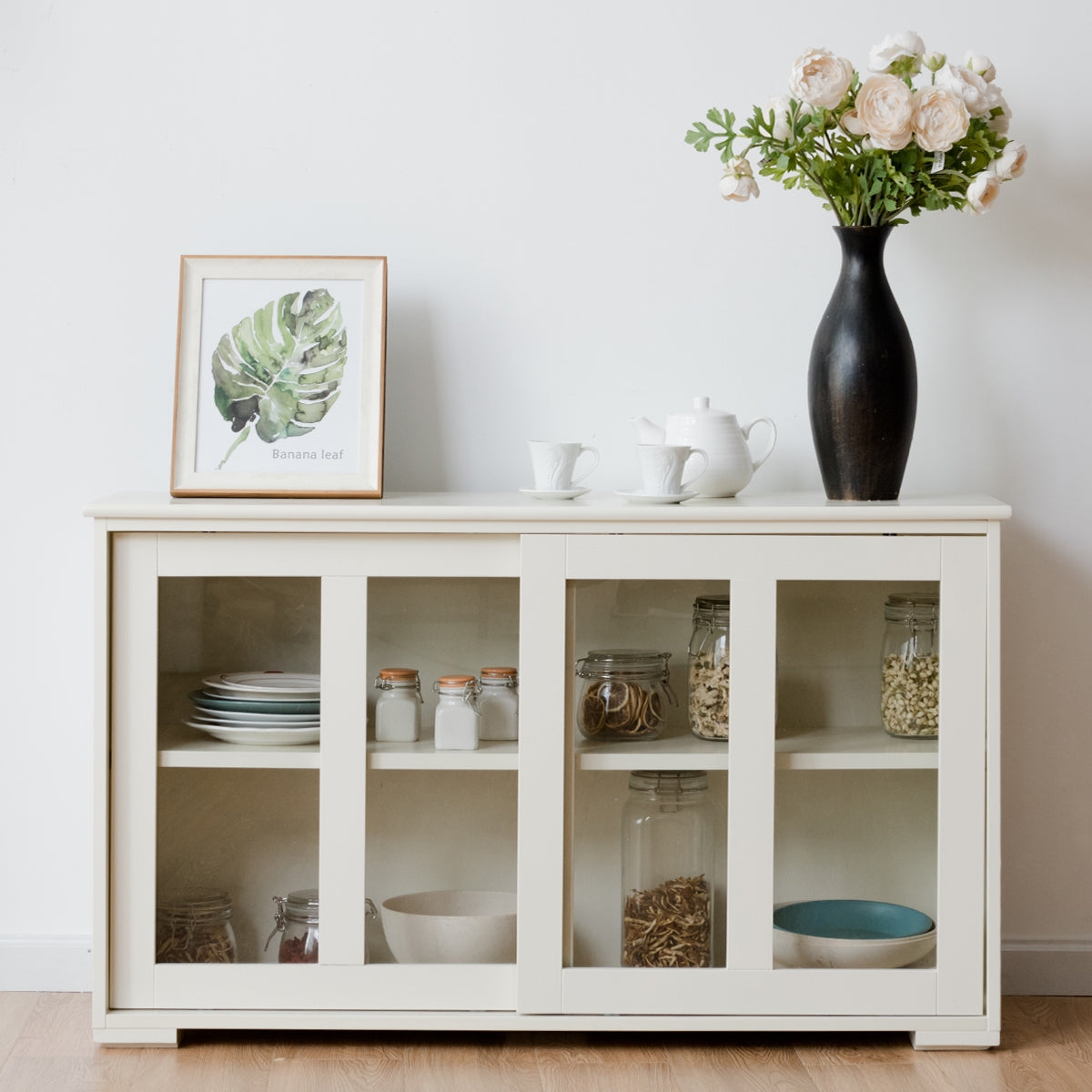 Aparador de Cocina Armario de Almacenamiento Gabinete Consola con 2 Estantes 2 Puertas 106 x 33 x 62,5 cm Beige