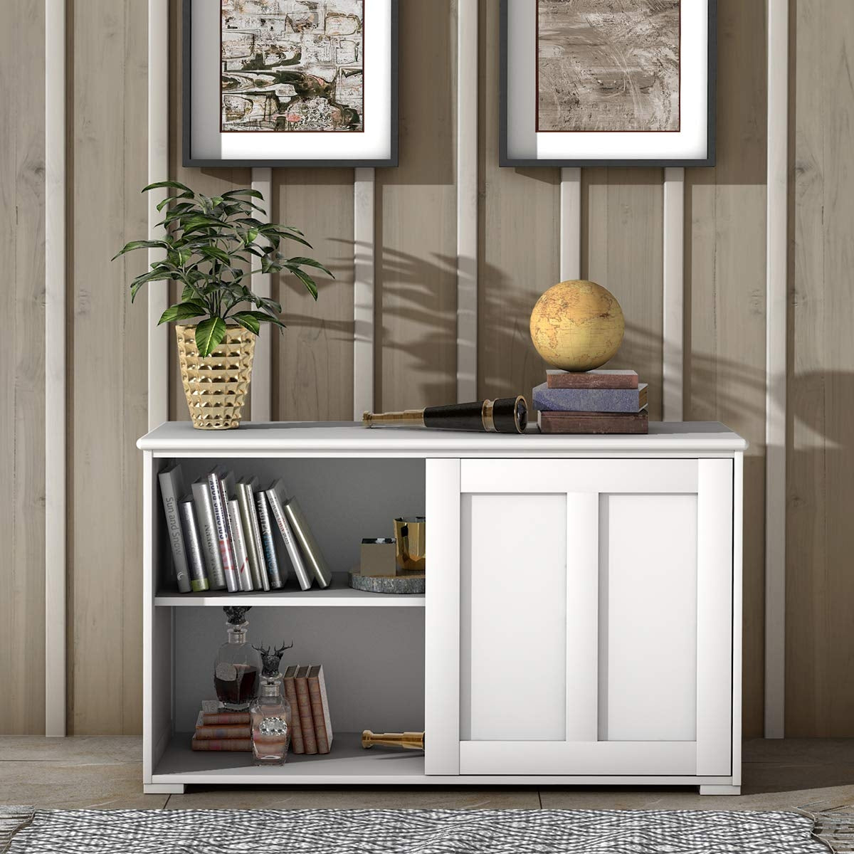 Aparador Buffet con Puertas Correderas Armario Multiusos de Madera 106,5 x 33 x 60 cm Beige