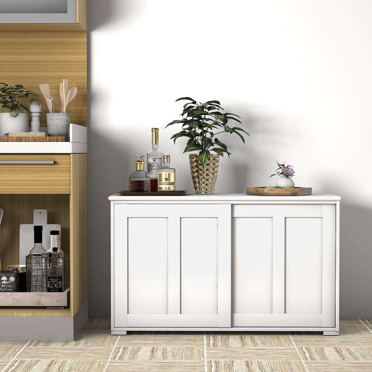 Aparador Buffet con Puertas Correderas Armario Multiusos de Madera 106,5 x 33 x 60 cm Beige