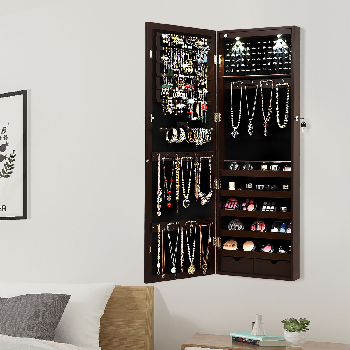 Armario para Joyas con Espejo de Cuerpo Entero Montado a la Pared Puerta con 2 Luces LED Organizador Joyero 37 x 9,5 x 108 cm Marrón