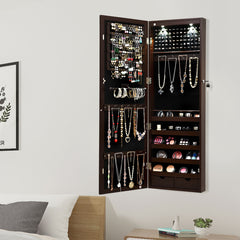 Armario para Joyas con Espejo de Cuerpo Entero Montado a la Pared Puerta con 2 Luces LED Organizador Joyero 37 x 9,5 x 108 cm Marrón
