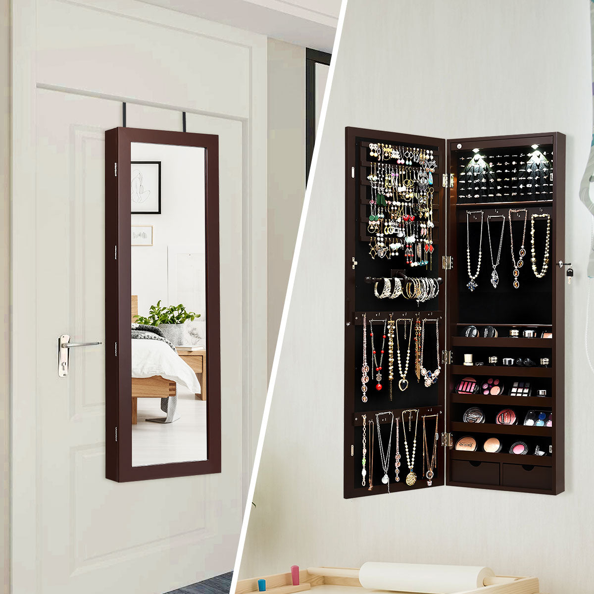 Armario para Joyas con Espejo de Cuerpo Entero Montado a la Pared Puerta con 2 Luces LED Organizador Joyero 37 x 9,5 x 108 cm Marrón