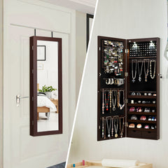 Armario para Joyas con Espejo de Cuerpo Entero Montado a la Pared Puerta con 2 Luces LED Organizador Joyero 37 x 9,5 x 108 cm Marrón