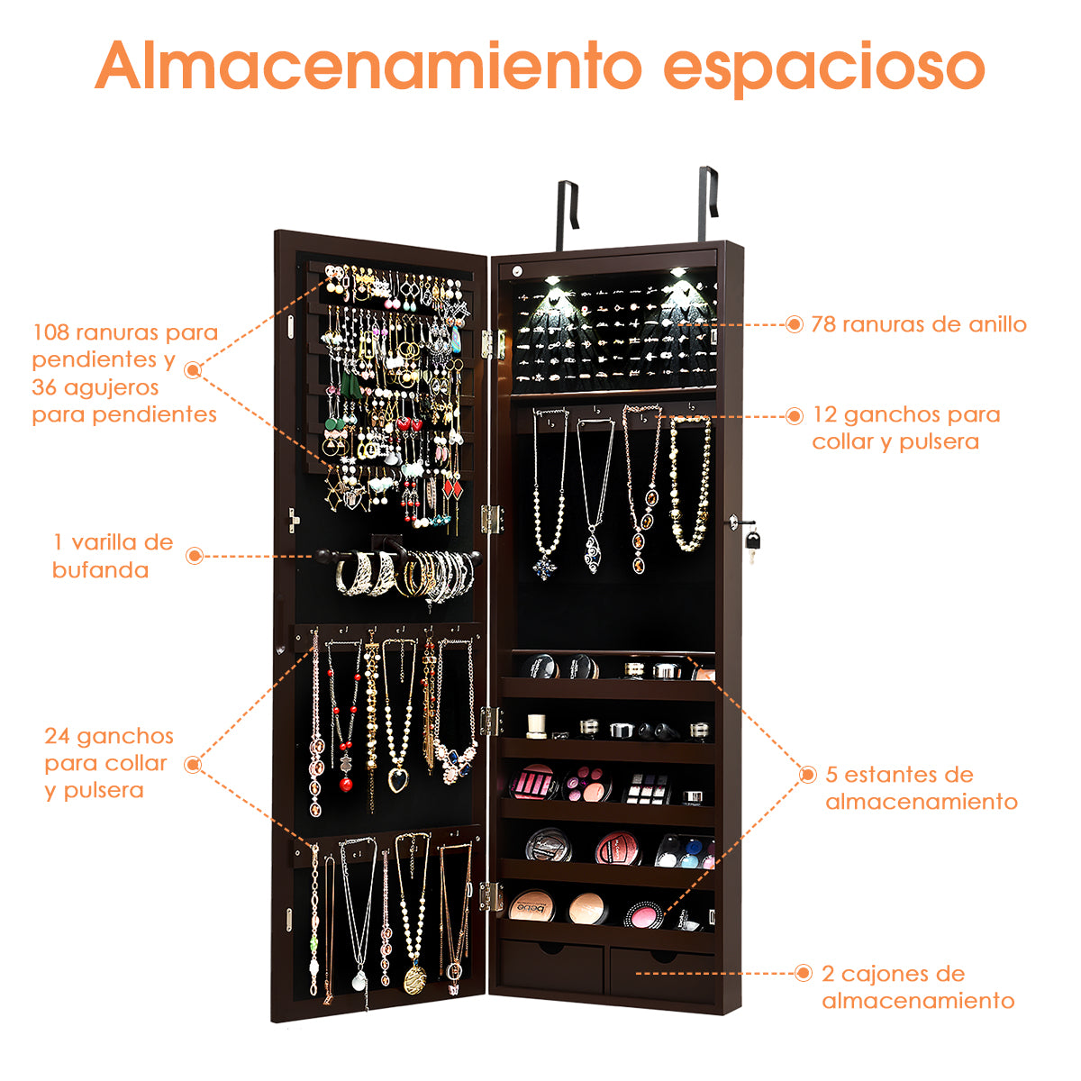 Armario para Joyas con Espejo de Cuerpo Entero Montado a la Pared Puerta con 2 Luces LED Organizador Joyero 37 x 9,5 x 108 cm Marrón