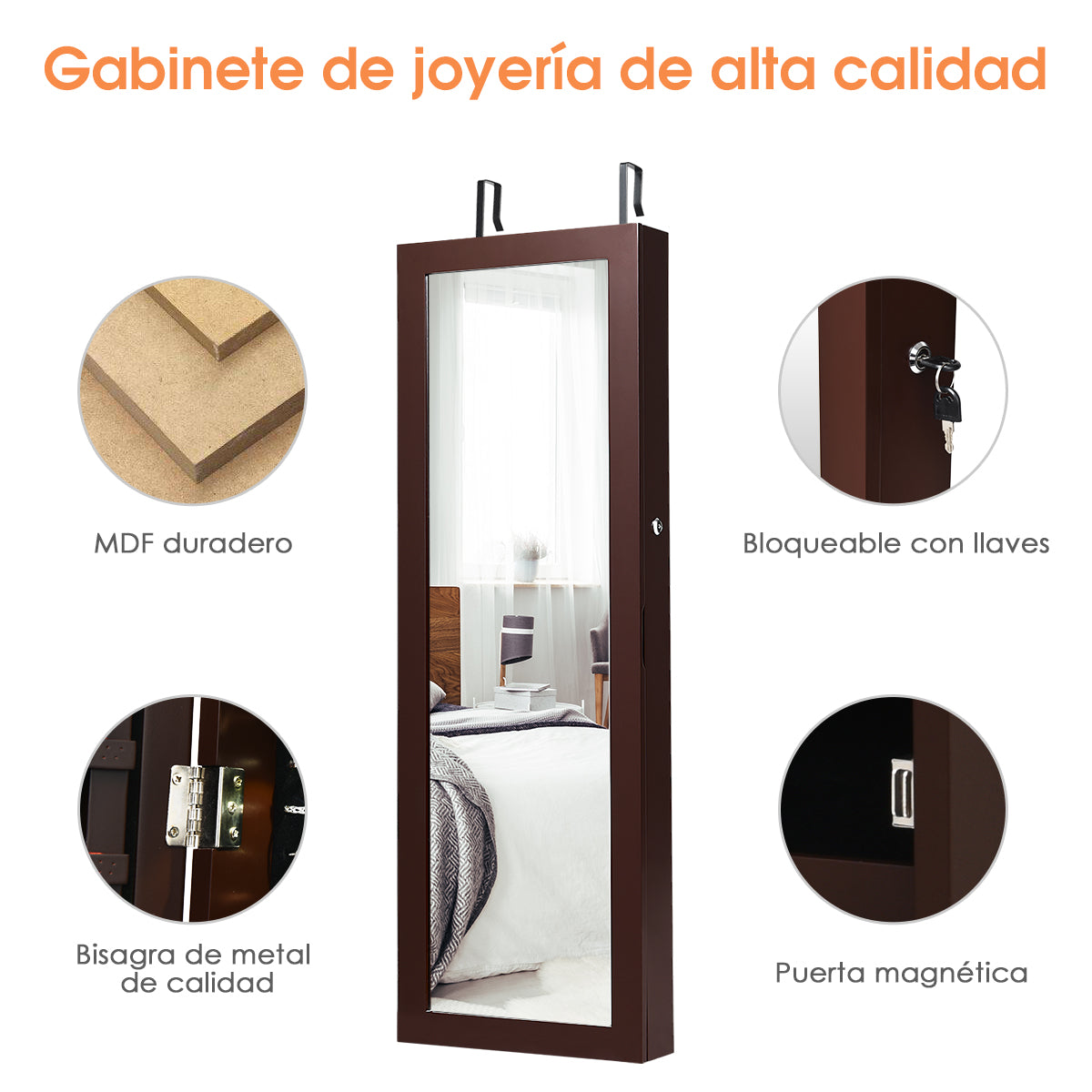 Armario para Joyas con Espejo de Cuerpo Entero Montado a la Pared Puerta con 2 Luces LED Organizador Joyero 37 x 9,5 x 108 cm Marrón