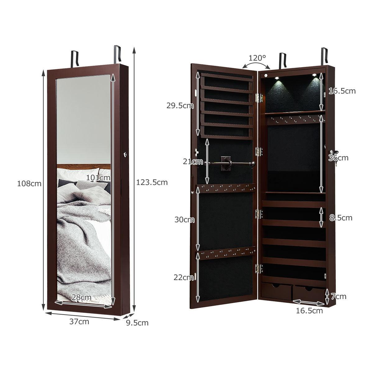 Armario para Joyas con Espejo de Cuerpo Entero Montado a la Pared Puerta con 2 Luces LED Organizador Joyero 37 x 9,5 x 108 cm Marrón