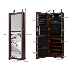 Armario para Joyas con Espejo de Cuerpo Entero Montado a la Pared Puerta con 2 Luces LED Organizador Joyero 37 x 9,5 x 108 cm Marrón