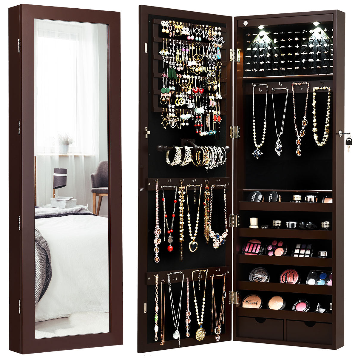Armario para Joyas con Espejo de Cuerpo Entero Montado a la Pared Puerta con 2 Luces LED Organizador Joyero 37 x 9,5 x 108 cm Marrón