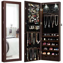 Armario para Joyas con Espejo de Cuerpo Entero Montado a la Pared Puerta con 2 Luces LED Organizador Joyero 37 x 9,5 x 108 cm Marrón