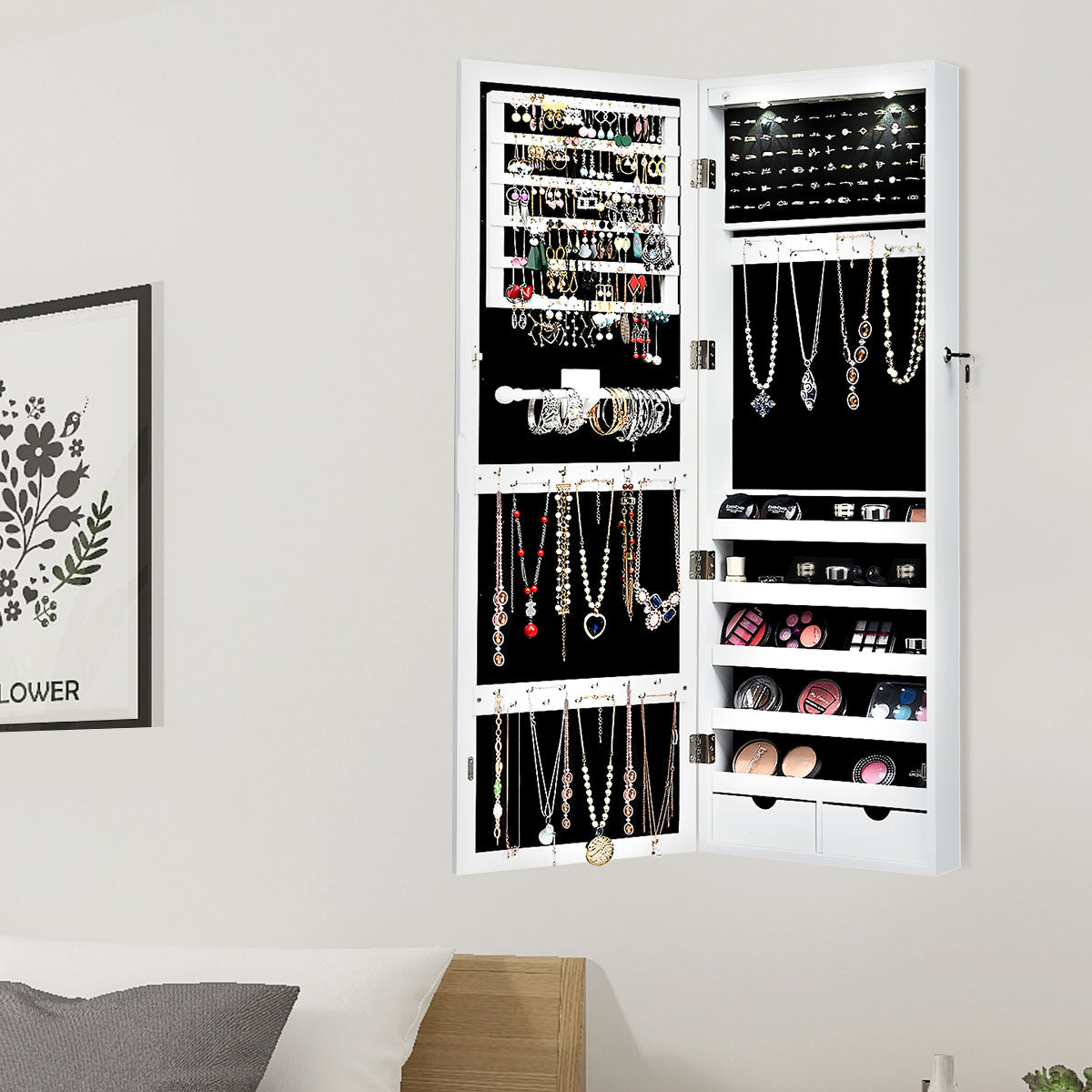 Armario para Joyas con Espejo de Cuerpo Entero Montado a la Pared Puerta con 2 Luces LED Organizador Joyero 37 x 9,5 x 108 cm Blanco