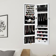Armario para Joyas con Espejo de Cuerpo Entero Montado a la Pared Puerta con 2 Luces LED Organizador Joyero 37 x 9,5 x 108 cm Blanco