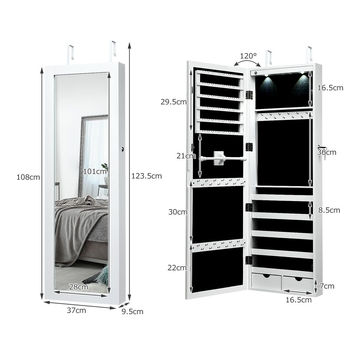 Armario para Joyas con Espejo de Cuerpo Entero Montado a la Pared Puerta con 2 Luces LED Organizador Joyero 37 x 9,5 x 108 cm Blanco