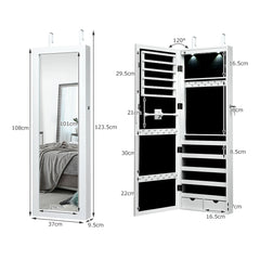 Armario para Joyas con Espejo de Cuerpo Entero Montado a la Pared Puerta con 2 Luces LED Organizador Joyero 37 x 9,5 x 108 cm Blanco