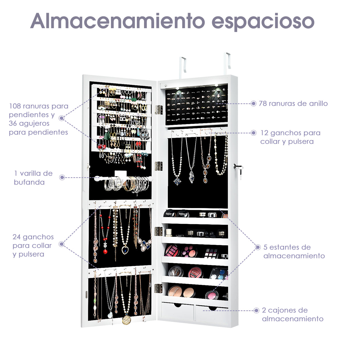 Armario para Joyas con Espejo de Cuerpo Entero Montado a la Pared Puerta con 2 Luces LED Organizador Joyero 37 x 9,5 x 108 cm Blanco