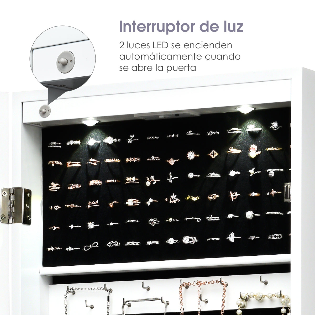 Armario para Joyas con Espejo de Cuerpo Entero Montado a la Pared Puerta con 2 Luces LED Organizador Joyero 37 x 9,5 x 108 cm Blanco