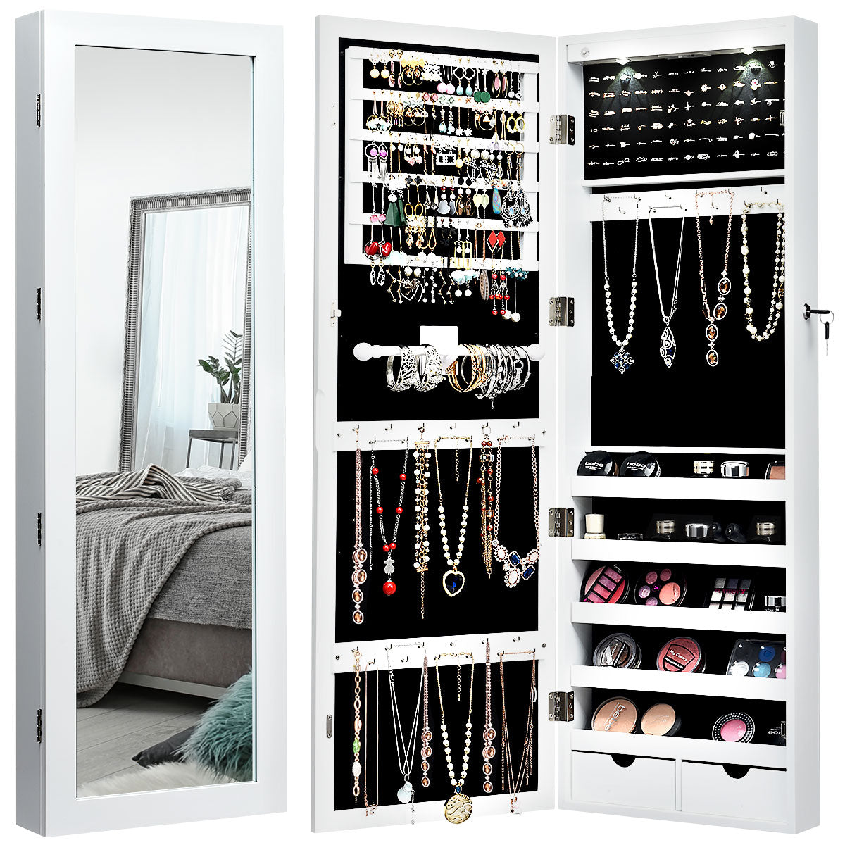 Armario para Joyas con Espejo de Cuerpo Entero Montado a la Pared Puerta con 2 Luces LED Organizador Joyero 37 x 9,5 x 108 cm Blanco