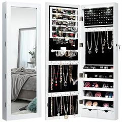 Armario para Joyas con Espejo de Cuerpo Entero Montado a la Pared Puerta con 2 Luces LED Organizador Joyero 37 x 9,5 x 108 cm Blanco
