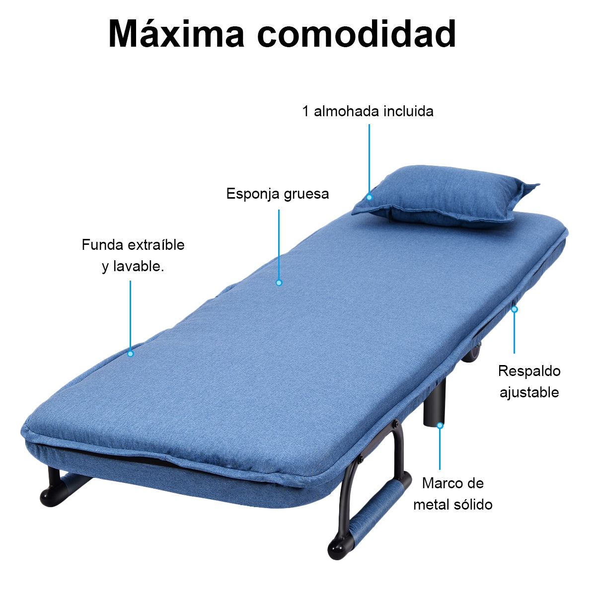 Sillón con Reposabrazos Sillón 3 en 1 Sofá Cómoda con Almohadón y Respaldo Reclinable Ideal para Habitación Salón Oficina Azul