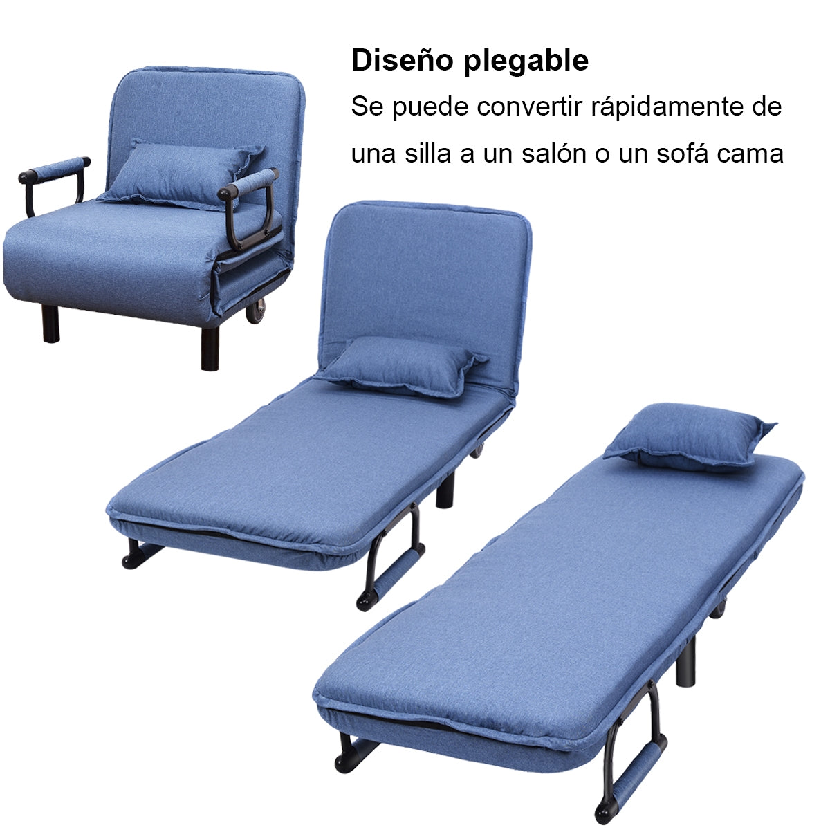 Sillón con Reposabrazos Sillón 3 en 1 Sofá Cómoda con Almohadón y Respaldo Reclinable Ideal para Habitación Salón Oficina Azul