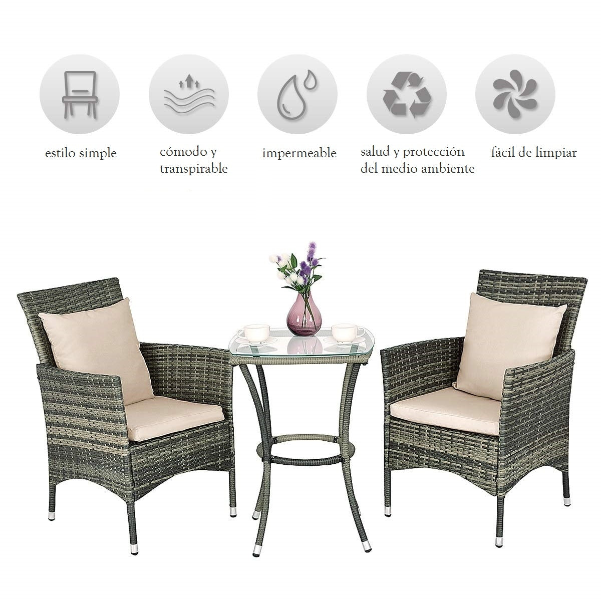 Conjunto Muebles de Ratán para Patio Balcón 2 Sillas y 1 Mesa con Cojines