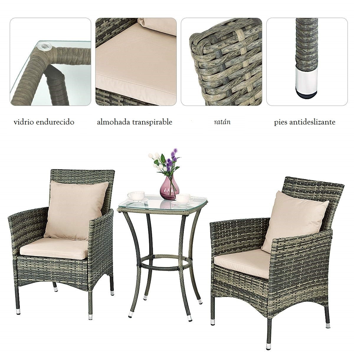 Conjunto Muebles de Ratán para Patio Balcón 2 Sillas y 1 Mesa con Cojines