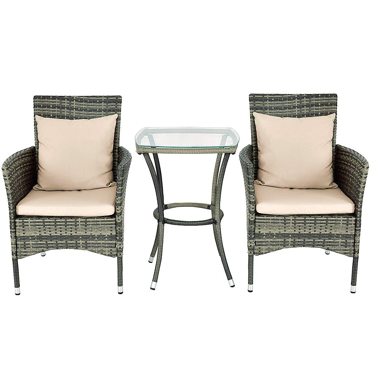 Conjunto Muebles de Ratán para Patio Balcón 2 Sillas y 1 Mesa con Cojines