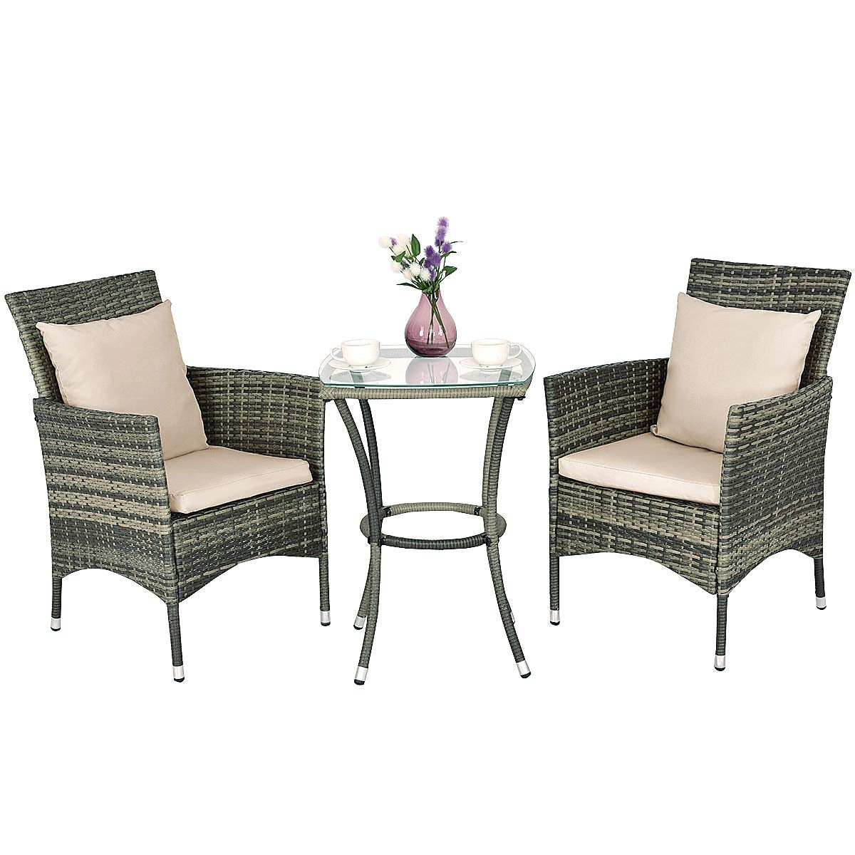 Conjunto Muebles de Ratán para Patio Balcón 2 Sillas y 1 Mesa con Cojines