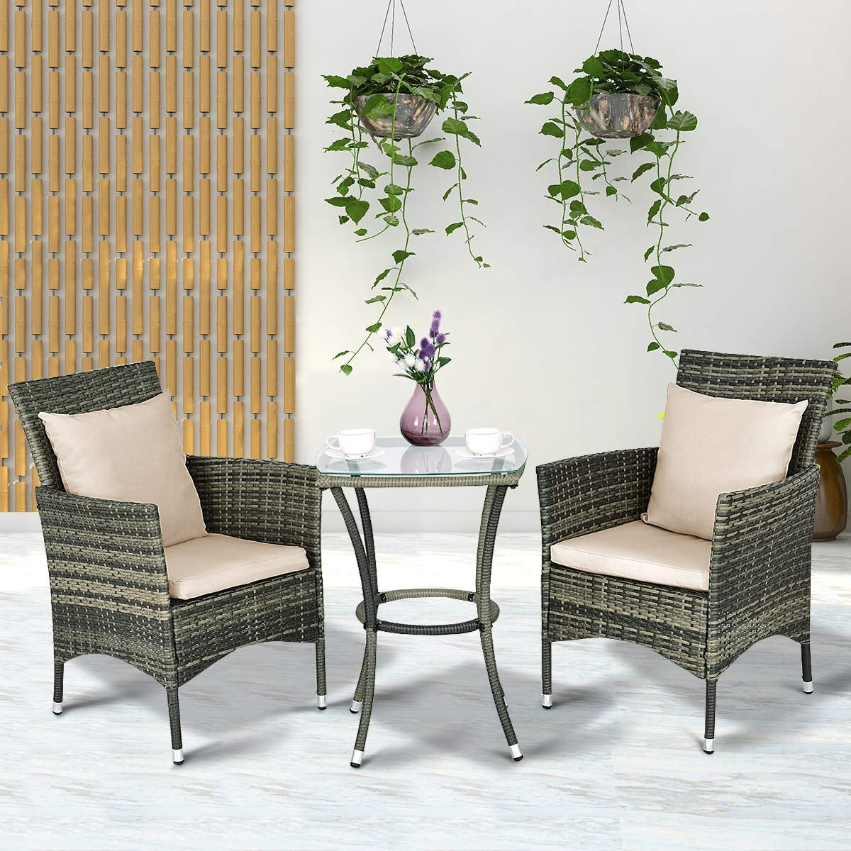 Conjunto Muebles de Ratán para Patio Balcón 2 Sillas y 1 Mesa con Cojines