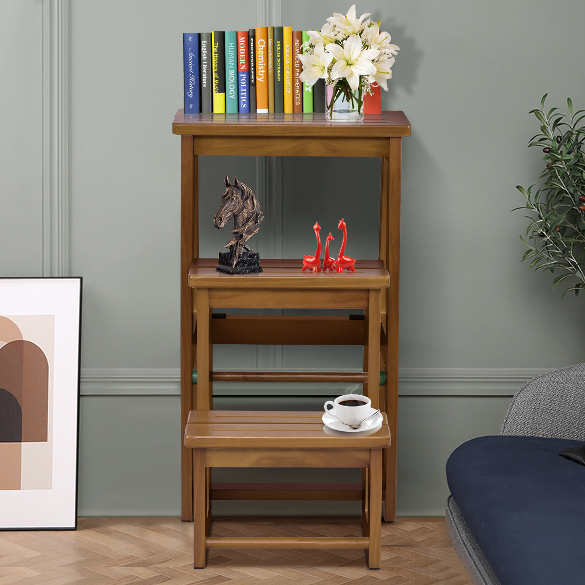 Taburete de Escalera de 3 Peldaños en Pino Cocina Doméstica Plegable Multiusos 57 x 38 x 66 cm Natural
