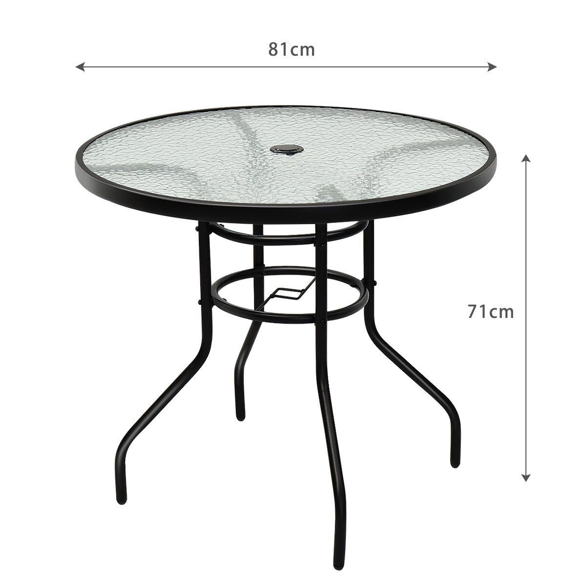 Mesa de Exterior Mesita Redonda de Vidriocon Agujero para Sombrilla para Interior y Exterior 81 x 81 x 71 cm