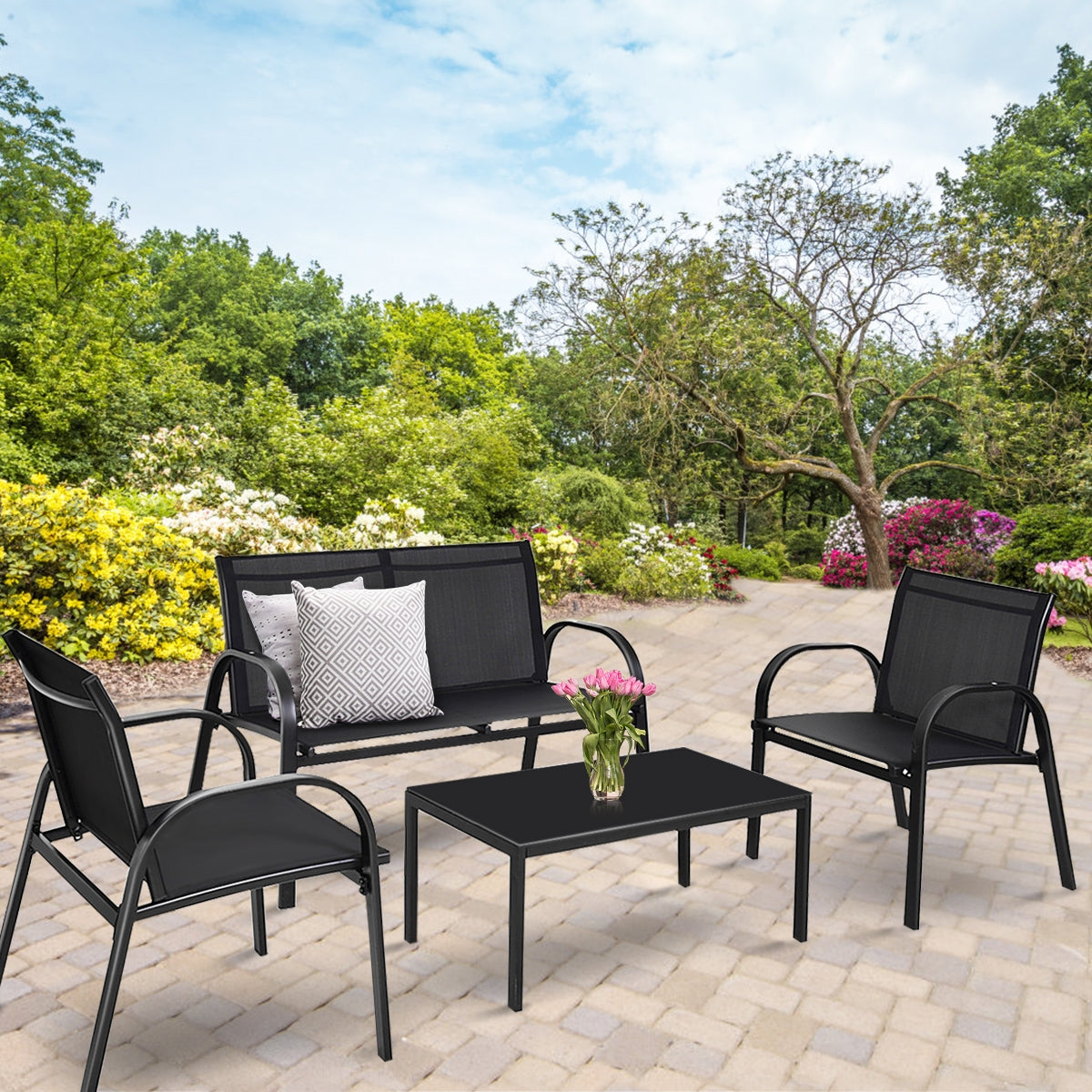 Juego de Mesita y Sillón y Banco Muebles de Patio Mesa de Centro Mesita de Jardín de Hierro y Tela de Malla para Terraza Exterior Negro