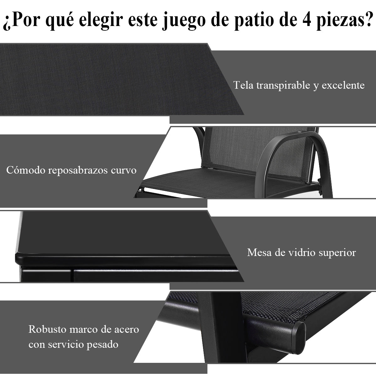 Juego de Mesita y Sillón y Banco Muebles de Patio Mesa de Centro Mesita de Jardín de Hierro y Tela de Malla para Terraza Exterior Negro