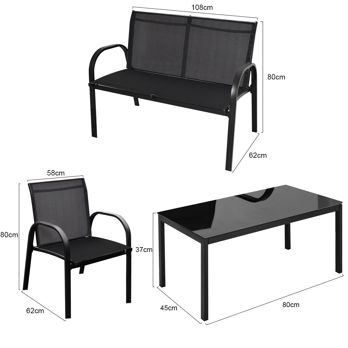 Juego de Mesita y Sillón y Banco Muebles de Patio Mesa de Centro Mesita de Jardín de Hierro y Tela de Malla para Terraza Exterior Negro