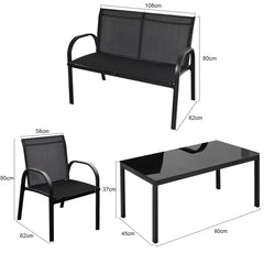 Juego de Mesita y Sillón y Banco Muebles de Patio Mesa de Centro Mesita de Jardín de Hierro y Tela de Malla para Terraza Exterior Negro