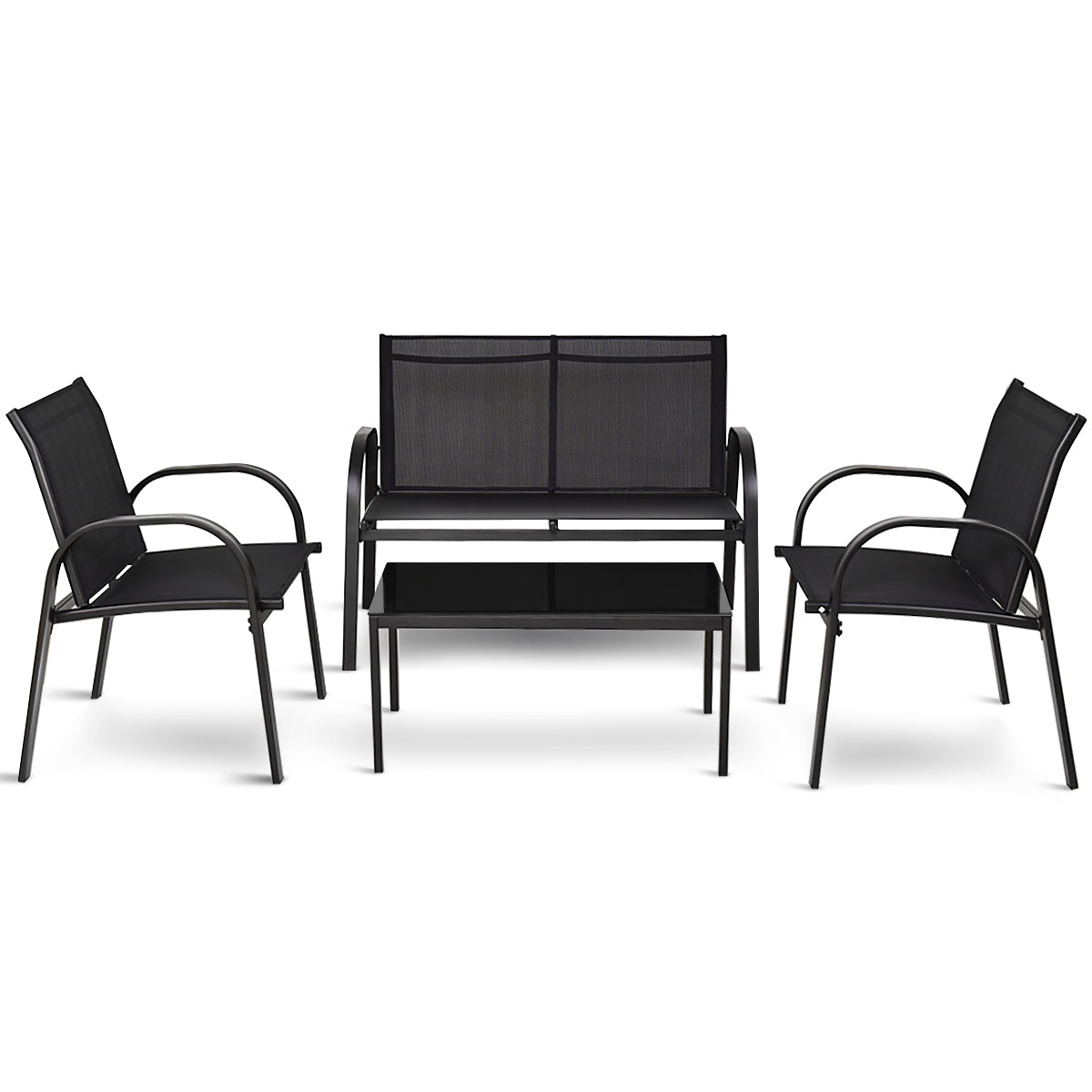 Juego de Mesita y Sillón y Banco Muebles de Patio Mesa de Centro Mesita de Jardín de Hierro y Tela de Malla para Terraza Exterior Negro