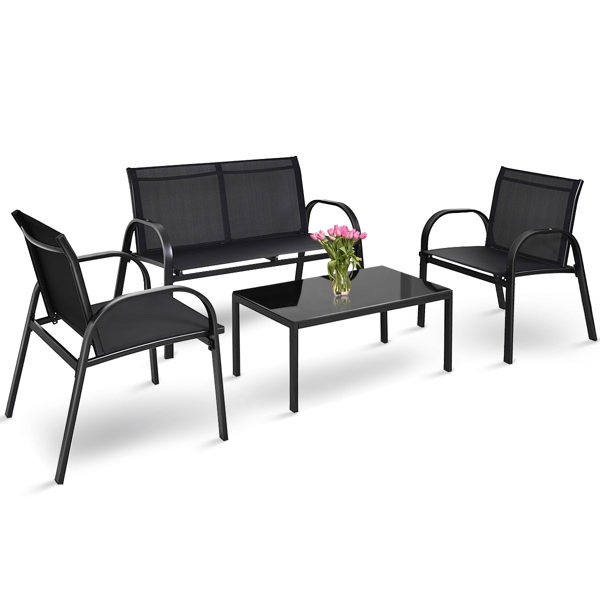Juego de Mesita y Sillón y Banco Muebles de Patio Mesa de Centro Mesita de Jardín de Hierro y Tela de Malla para Terraza Exterior Negro