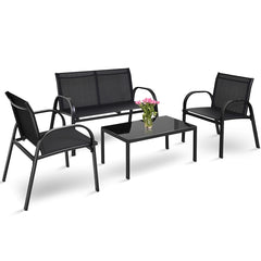 Juego de Mesita y Sillón y Banco Muebles de Patio Mesa de Centro Mesita de Jardín de Hierro y Tela de Malla para Terraza Exterior Negro