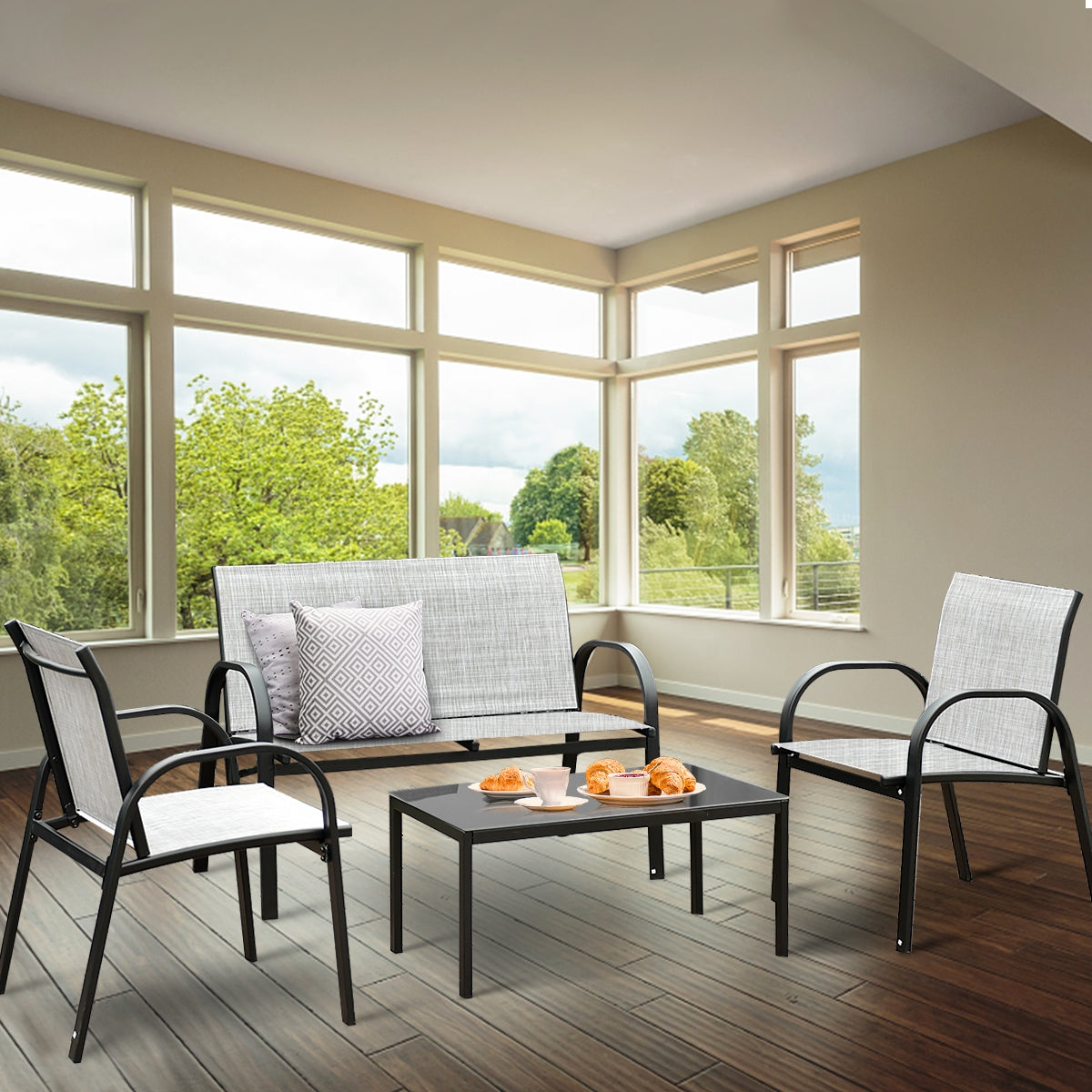 Juego de Mesita y Sillón y Banco Muebles de Patio Mesa de Centro Mesita de Jardín de Hierro y Tela de Malla para Terraza Exterior Gris