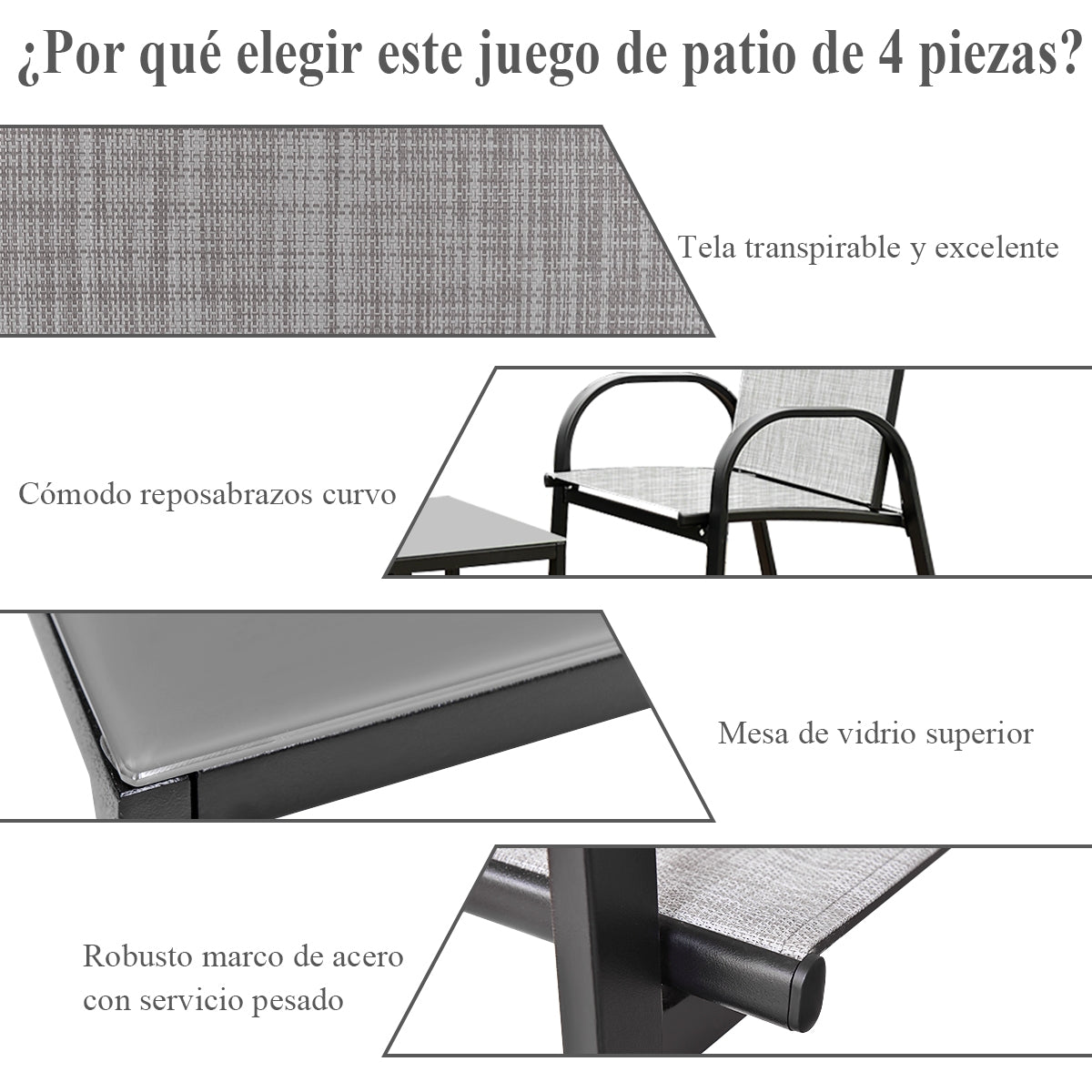 Juego de Mesita y Sillón y Banco Muebles de Patio Mesa de Centro Mesita de Jardín de Hierro y Tela de Malla para Terraza Exterior Gris